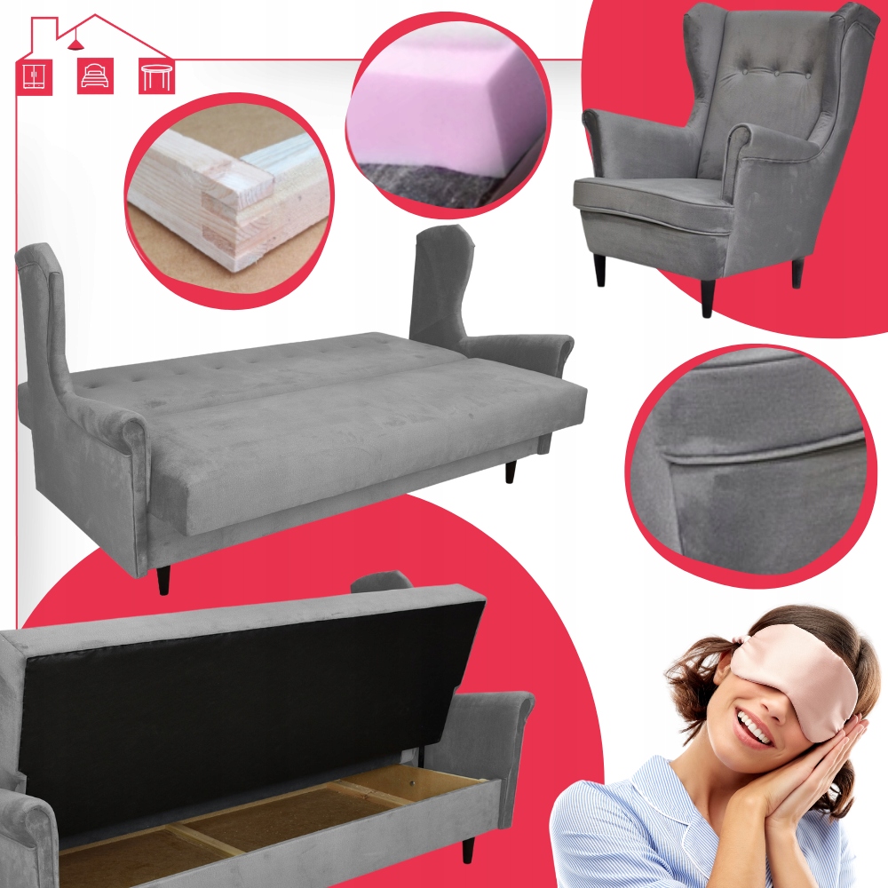 Komplet wypoczynkowy do pokoju funkcja spania jasnoszary ARI