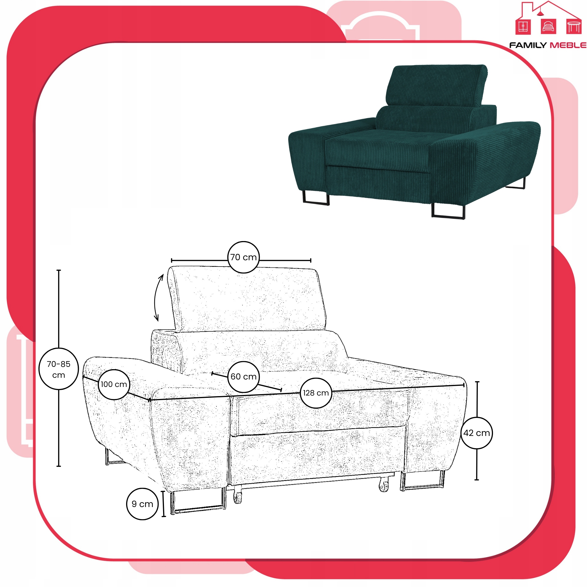 Zestaw mebli wypoczynkowych Savio Sofa 3os fotele zielone