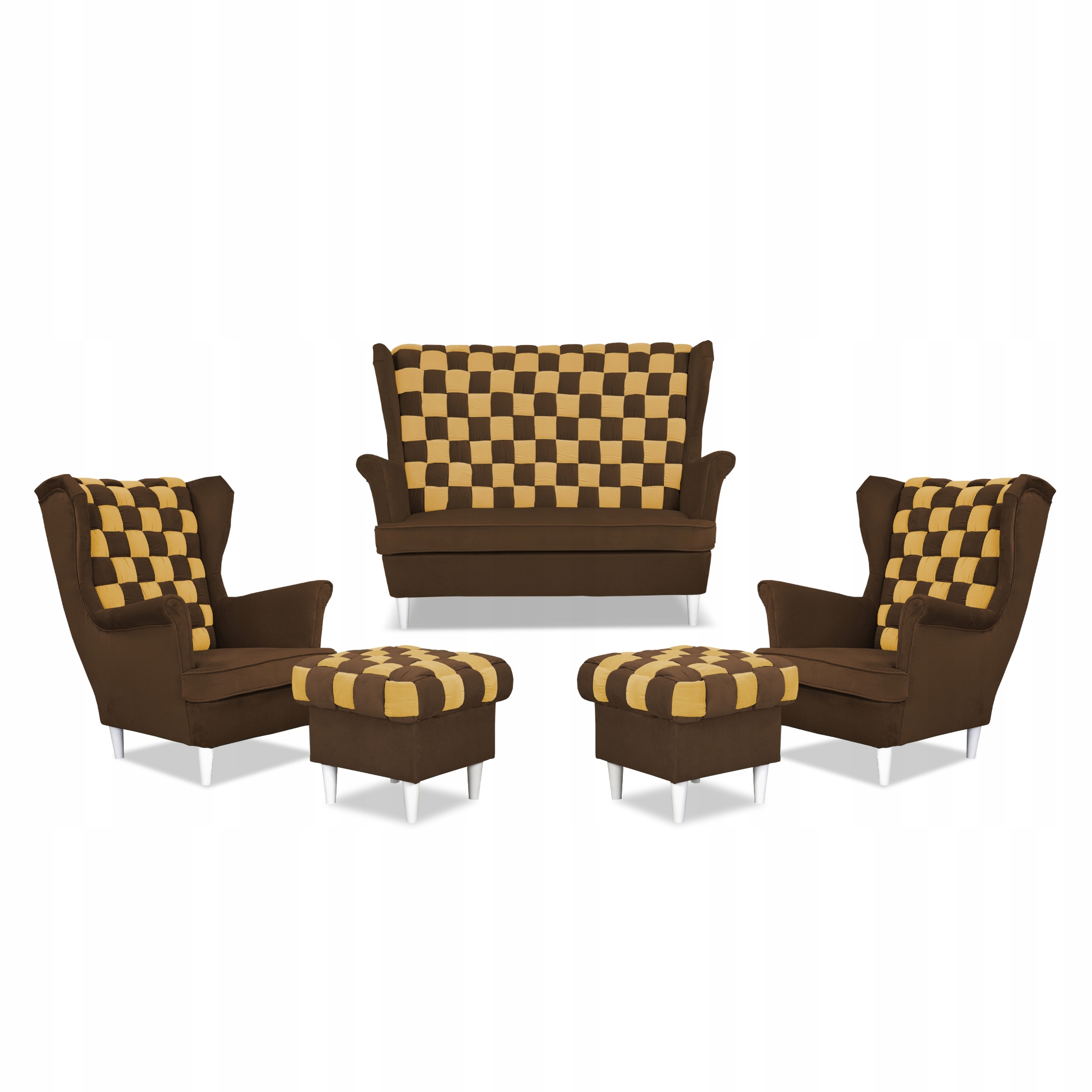 Zestaw uszak CAROL DUO sofa fotele pufy brązowo - żółty