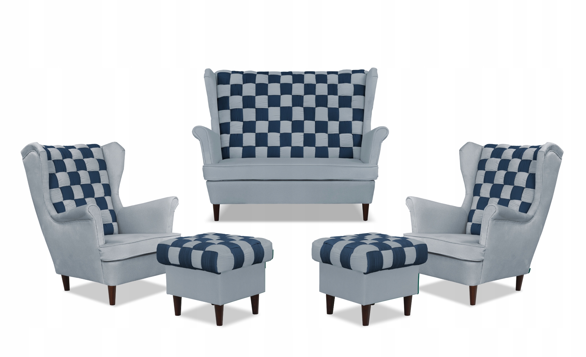 Zestaw uszak CAROL DUO sofa fotele pufy szaro - granatowy