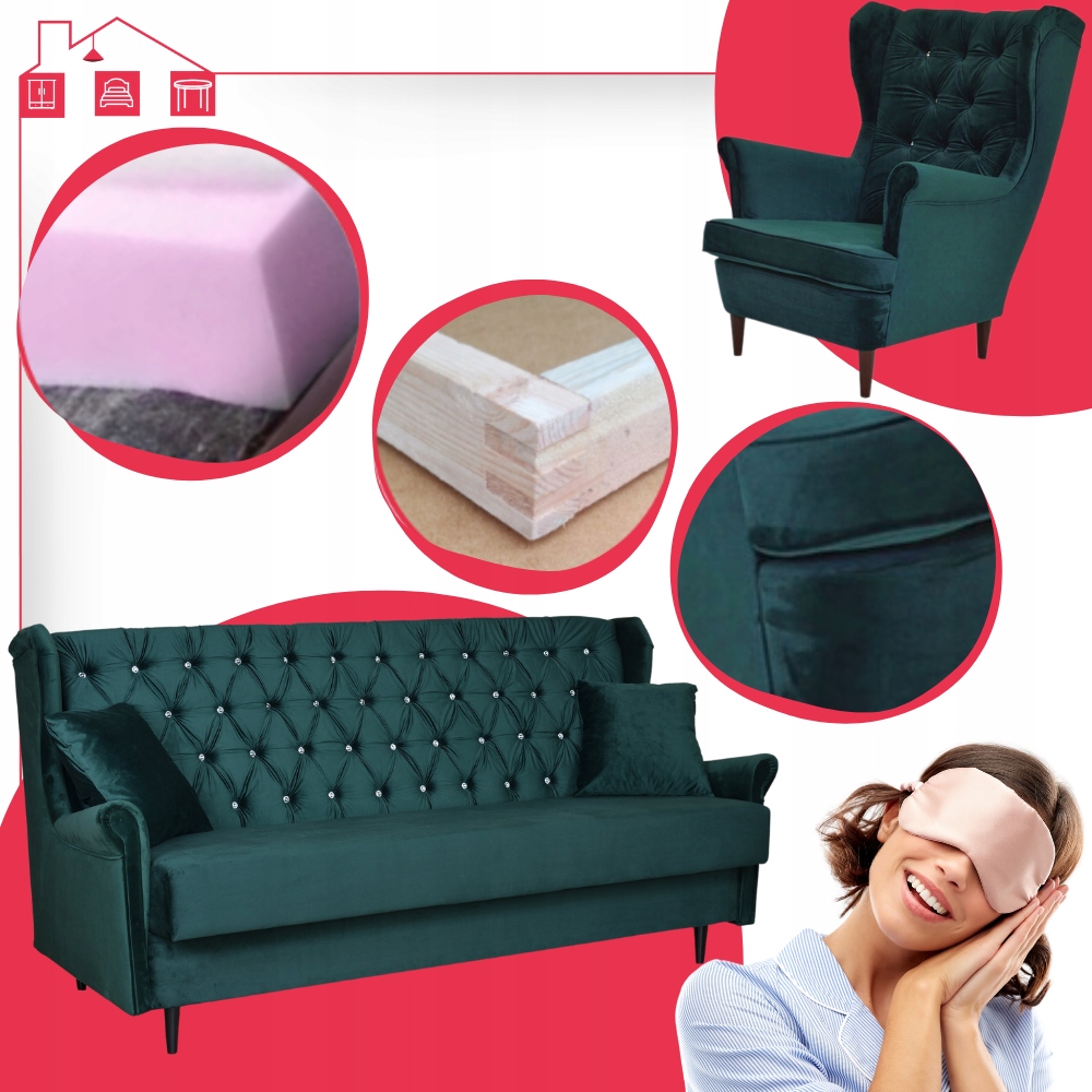 Zestaw wypoczynkowy uszak wersalka z fotelami Gaja ZIELONY