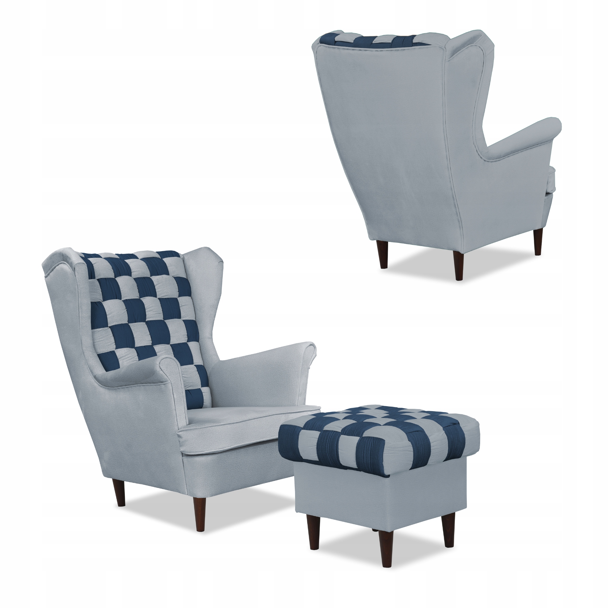 Zestaw uszak CAROL DUO sofa fotele pufy szaro - granatowy