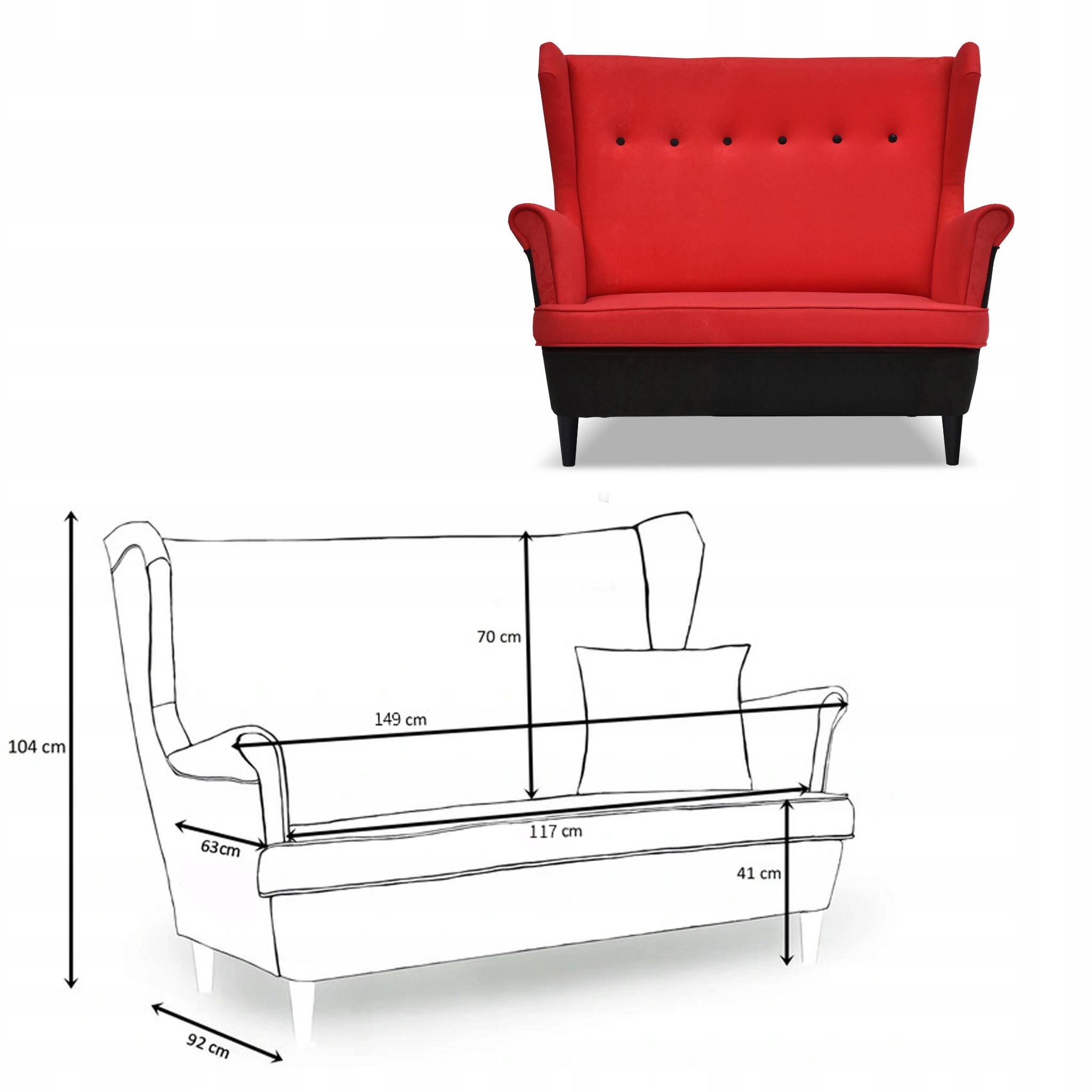 Zestaw wypoczynkowy ARI DUO sofa fotele pufy czarno - czerwony