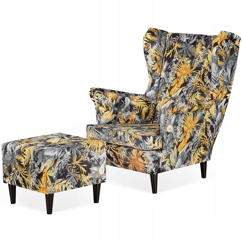 Fotel uszak ARI PRINT z podnóżkiem skandynawski wzór 3D