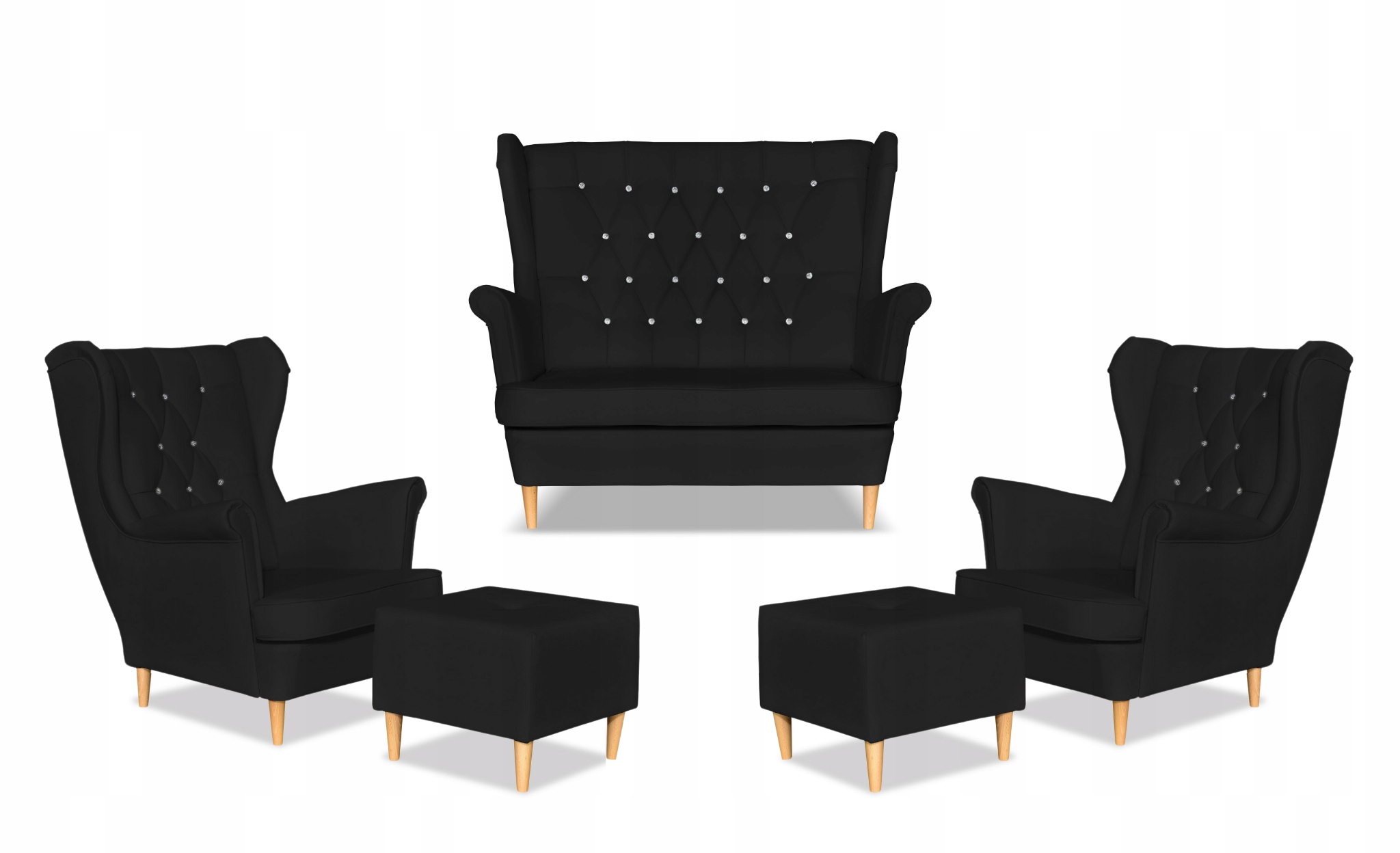 Zestaw uszak Gaja ekoskóra skaj sofa fotele pufy czarny