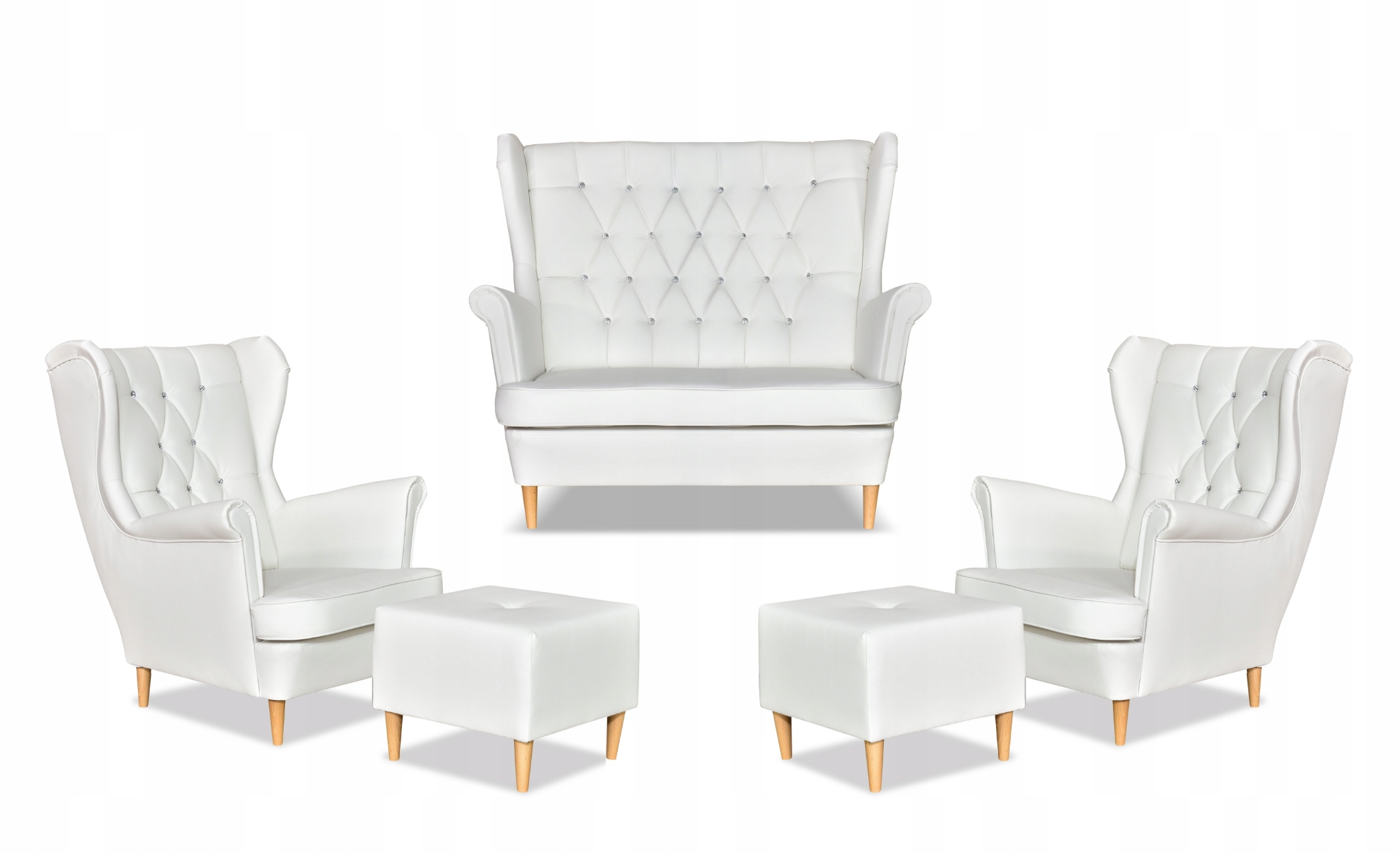 Zestaw uszak Gaja ekoskóra skaj sofa fotele pufy biały