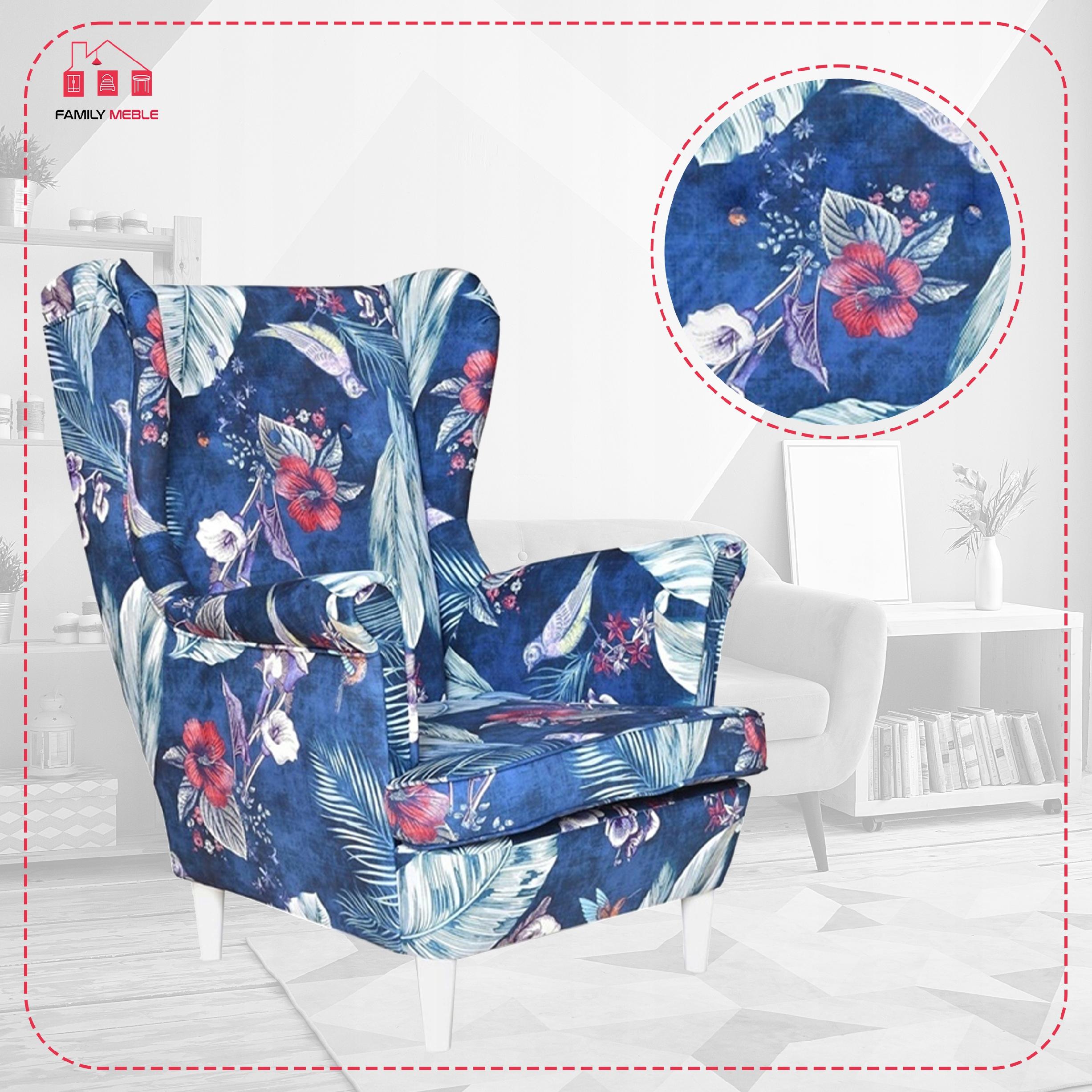 Fotel uszak ARI PRINT skandynawski granatowy wzór ptaki