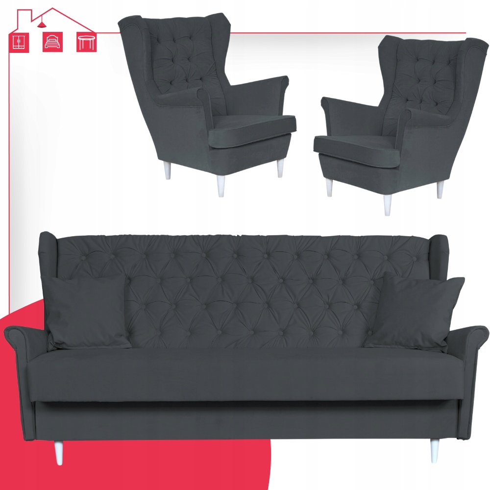 Zestaw wypoczynkowy skandynawski wersalka z fotelami SZARY