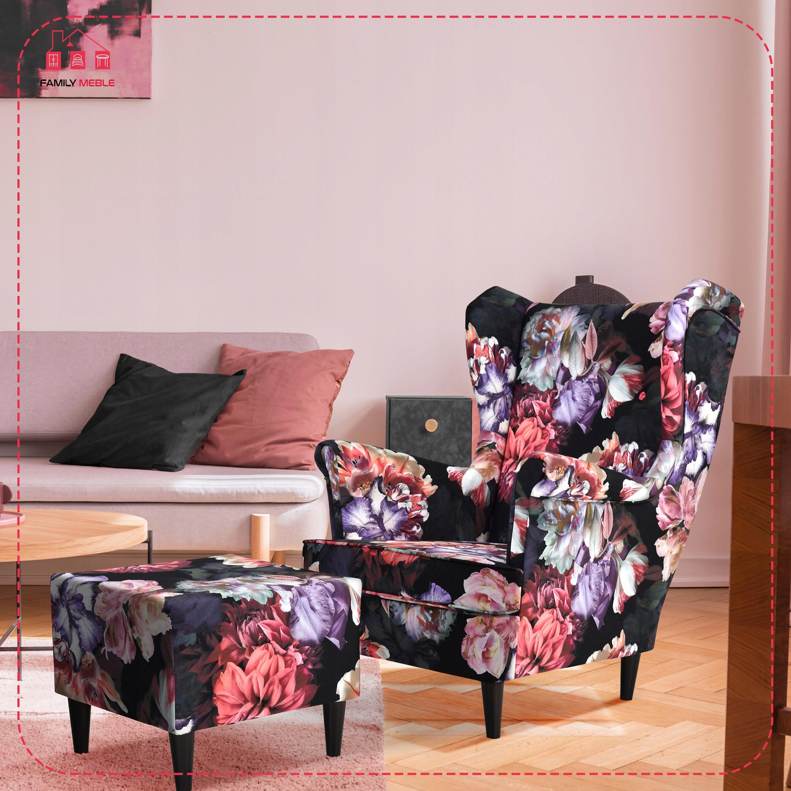 Fotel uszak ARI PRINT z podnóżkiem, skandynawski  BOHO