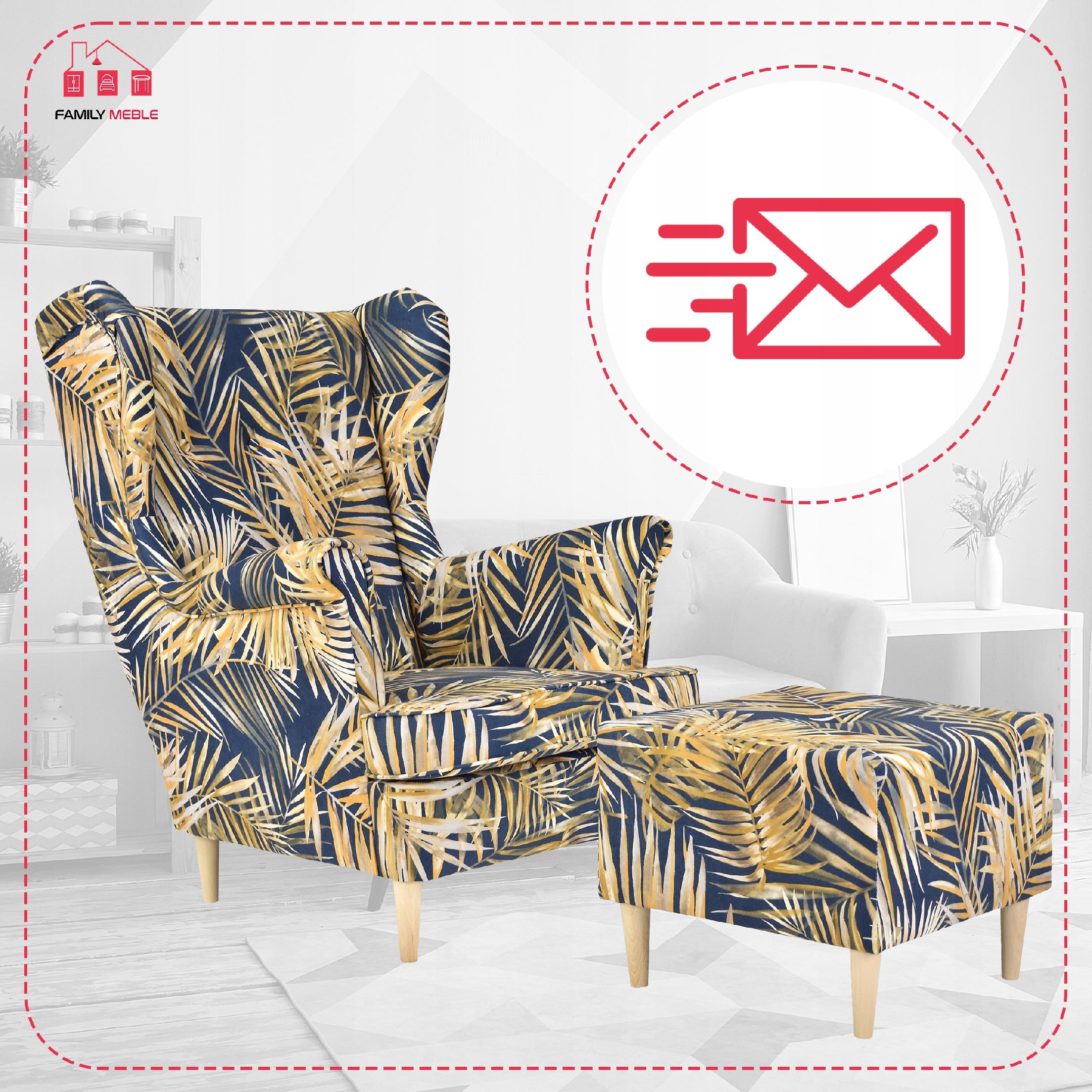 Fotel uszak ARI PRINT z podnóżkiem, skandynawski  BOHO