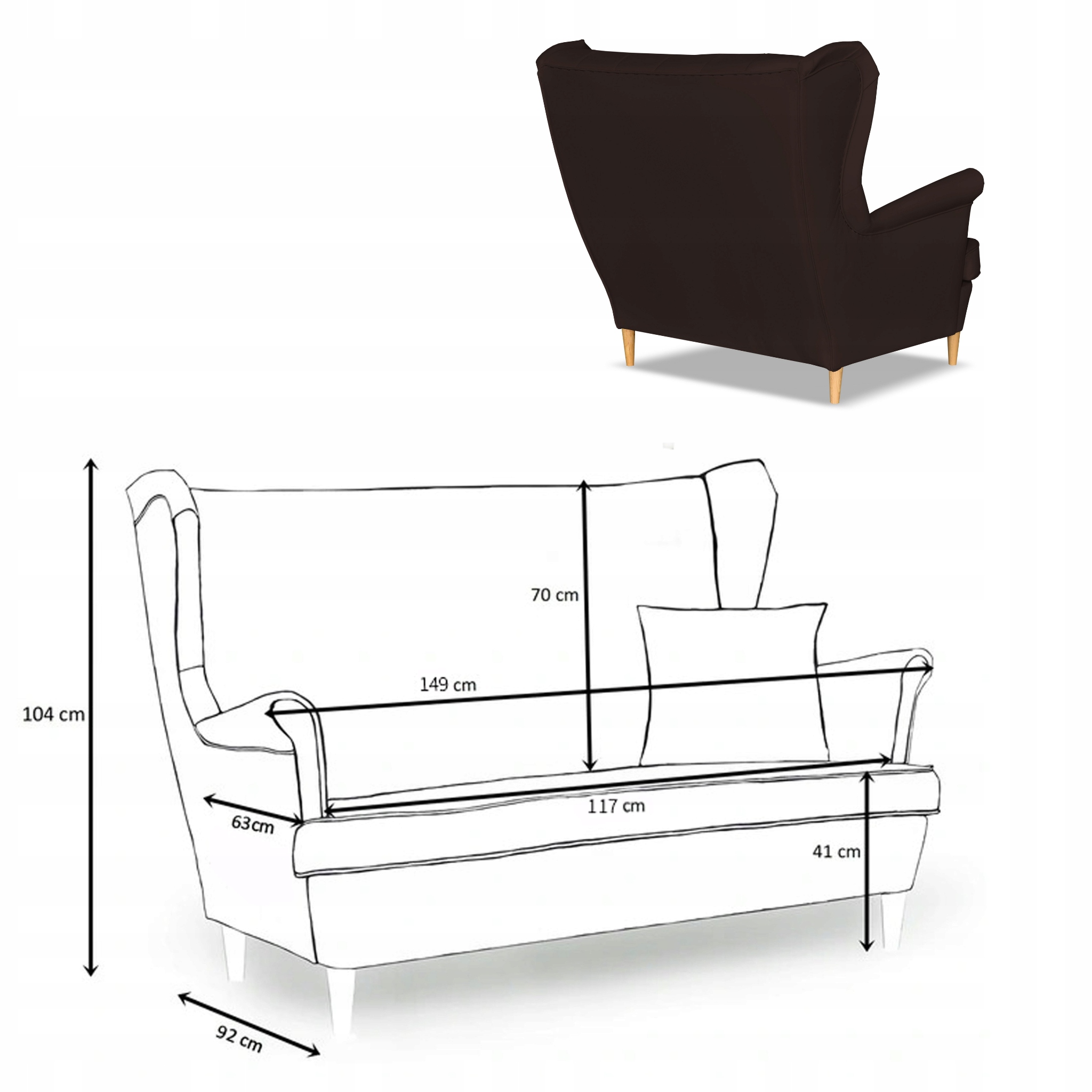 Sofa kanapa uszak Gaja ekoskóra skandynawska ciemny brąz