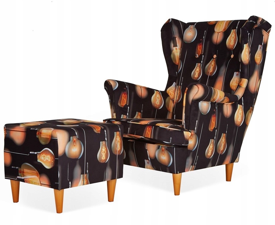 Fotel uszak ARI PRINT z podnóżkiem skandynawski  design