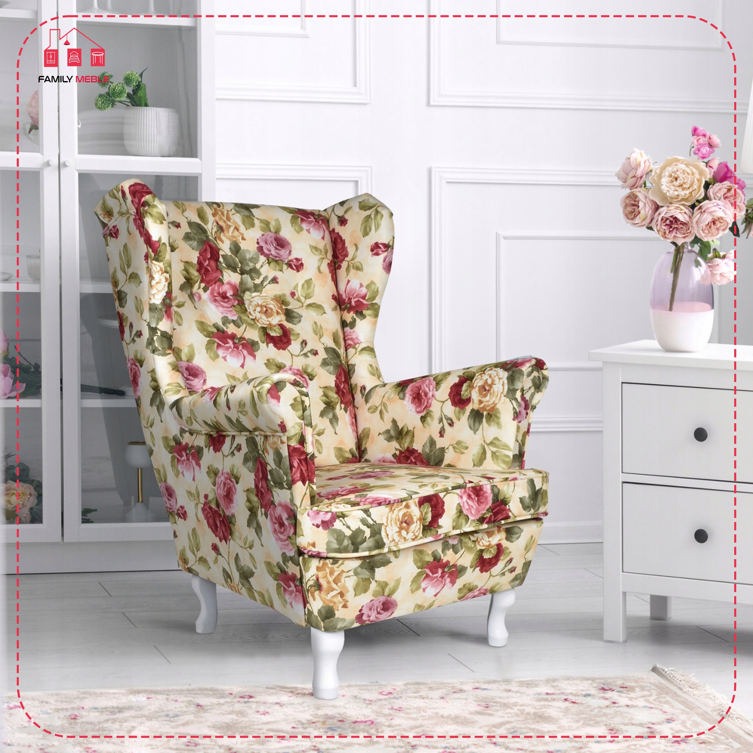 Fotel uszak ARI PRINT skandynawski granatowy wzór ptaki