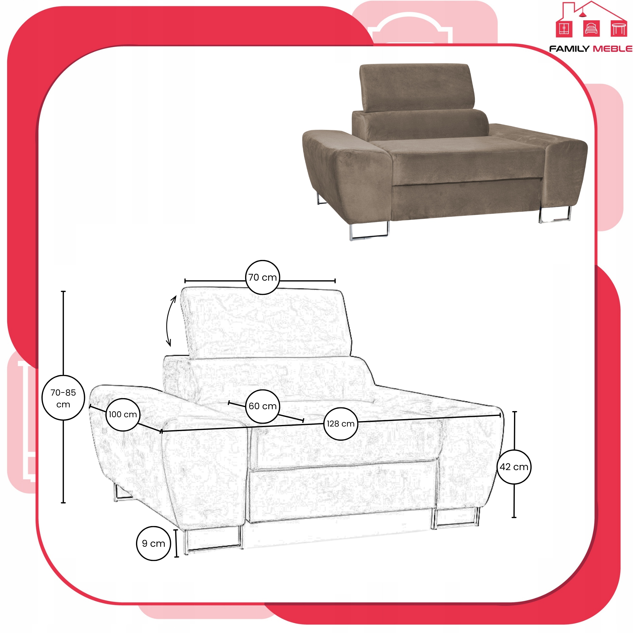 Fotel wypoczynkowy Bosso salon Family meble brązowy welur reg zagłówek