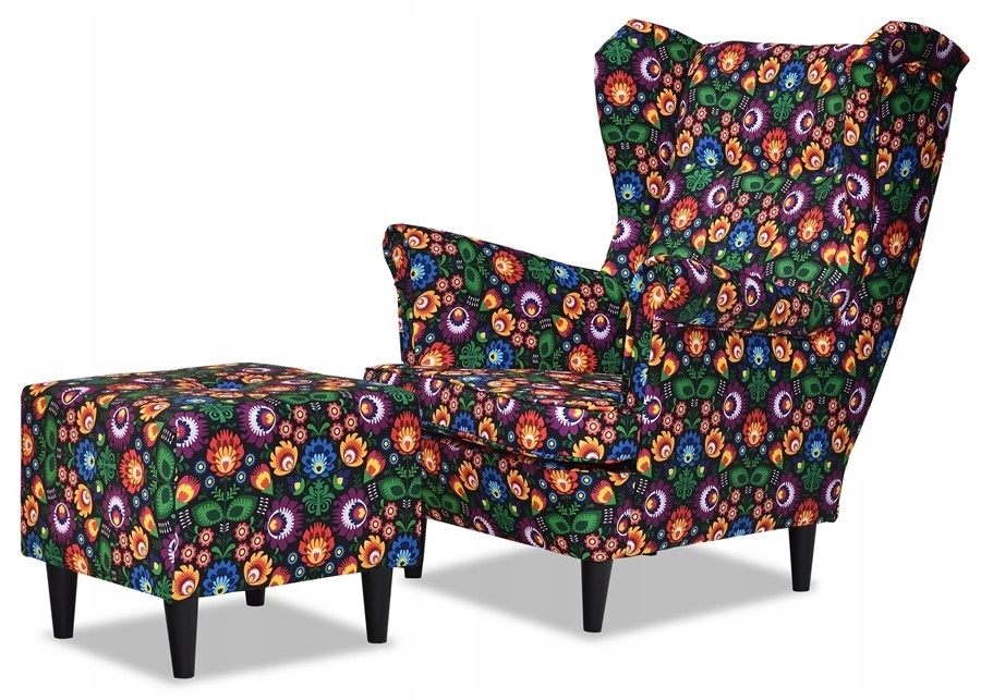 Fotel uszak ARI PRINT z podnóżkiem skandynawski  łowicki