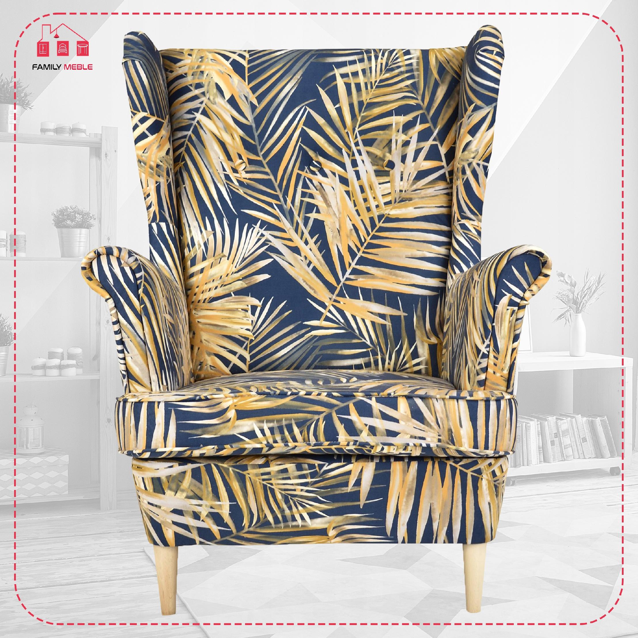 Fotel uszak ARI PRINT z podnóżkiem, skandynawski  BOHO