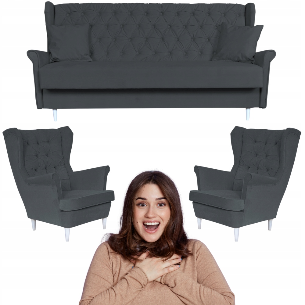 Zestaw wypoczynkowy skandynawski wersalka z fotelami SZARY