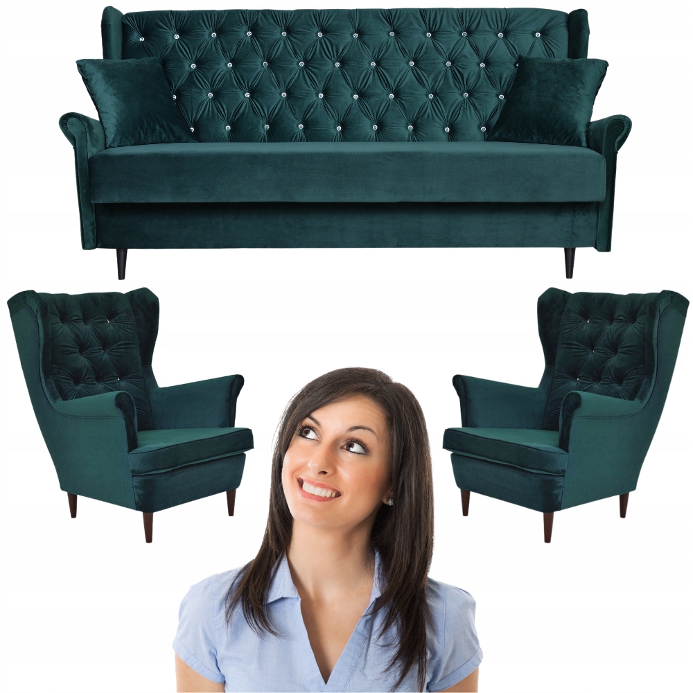 Zestaw wypoczynkowy uszak wersalka z fotelami Gaja ZIELONY