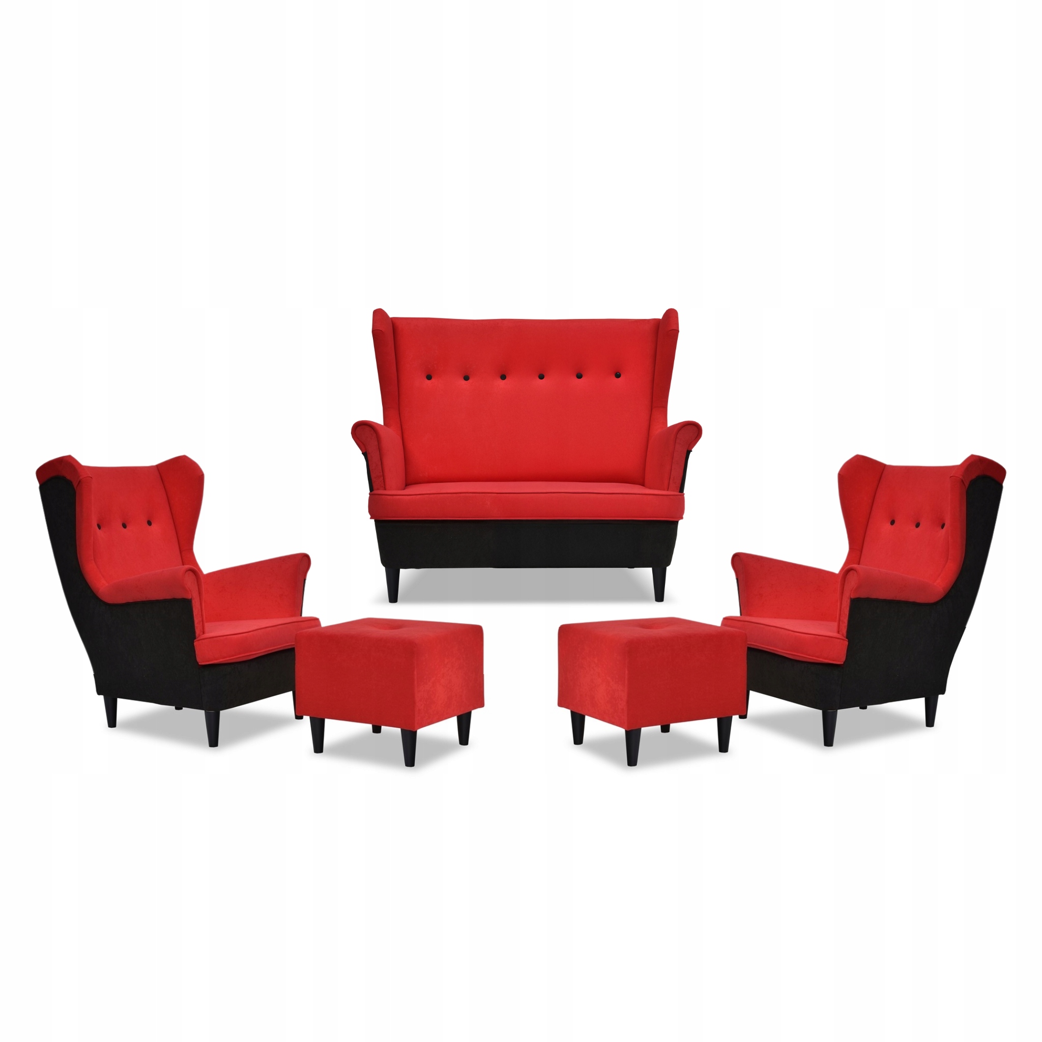 Zestaw wypoczynkowy ARI DUO sofa fotele pufy czarno - czerwony