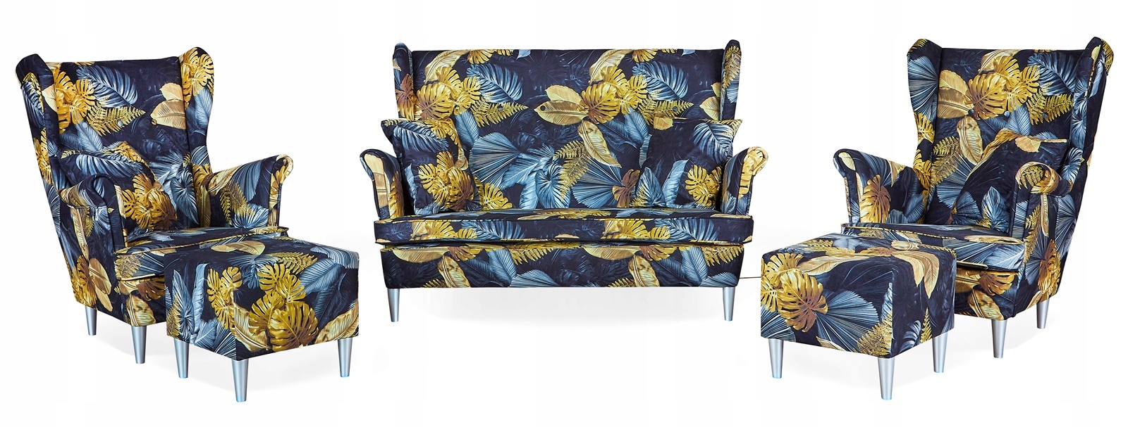 Zestaw wypoczynkowy mebli uszak Ari Print sofa fotele pufy  komplet