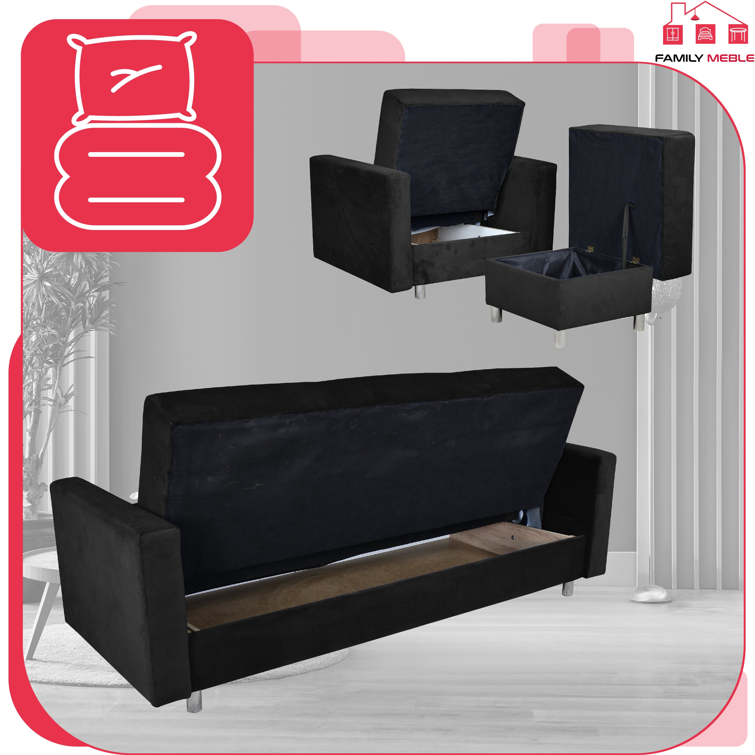 Zestaw mebli wypoczynkowy Alicja wersalka kanapa fotele pufy