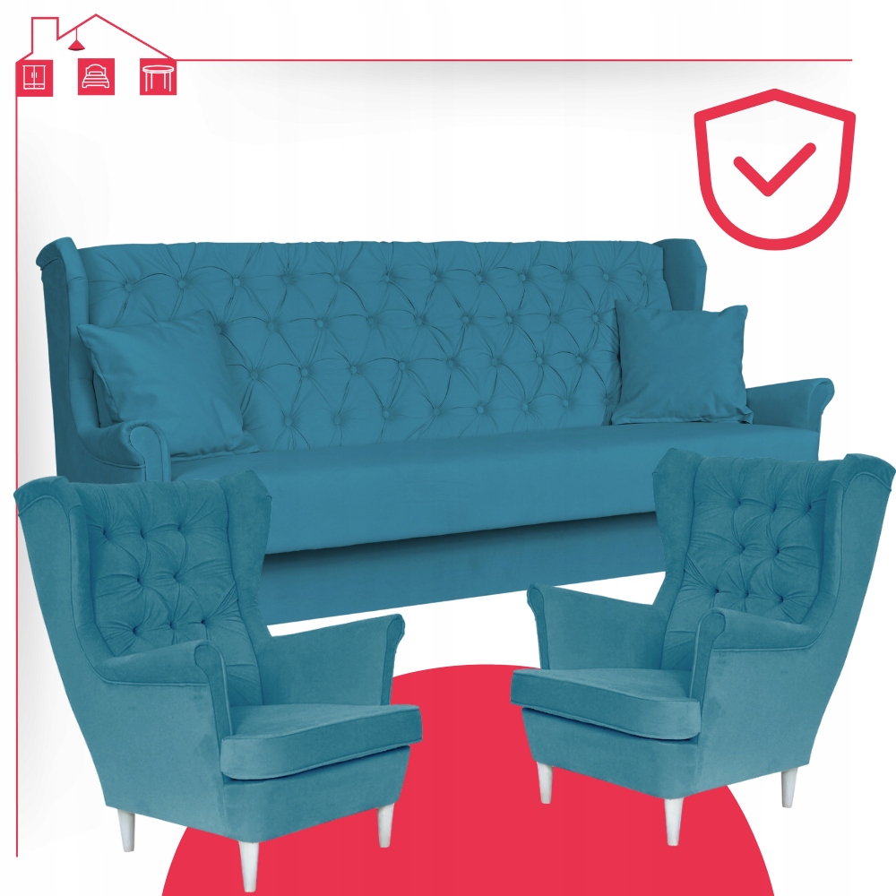 Zestaw mebli wypoczynkowych do salonu sofa 2 fotele NIEBIESKI