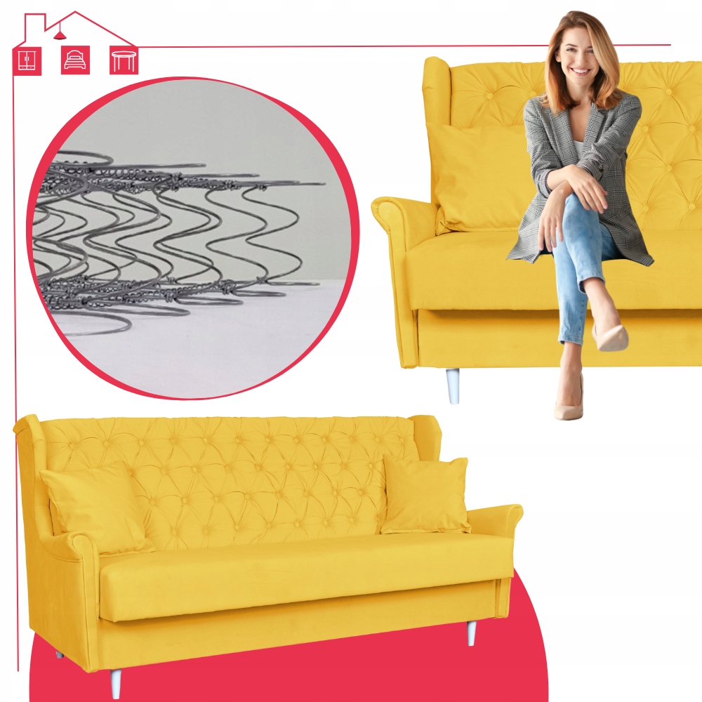 Rozkładany zestaw wypoczynkowy z wersalką fotele uszaki ŻÓŁTY