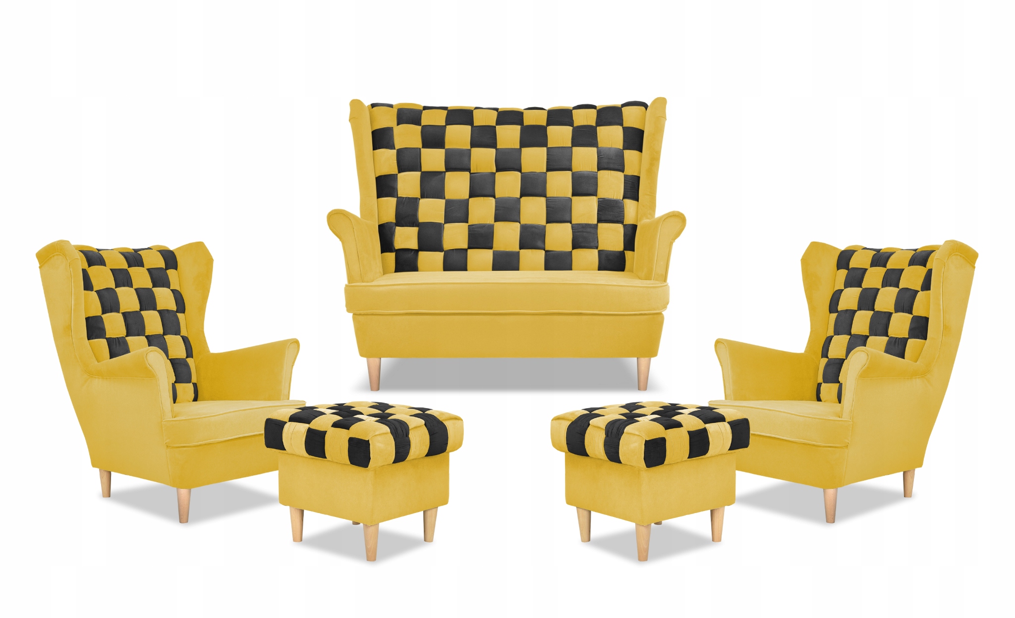 Zestaw uszak CAROL DUO sofa fotele pufy żółty miodowy - brąz