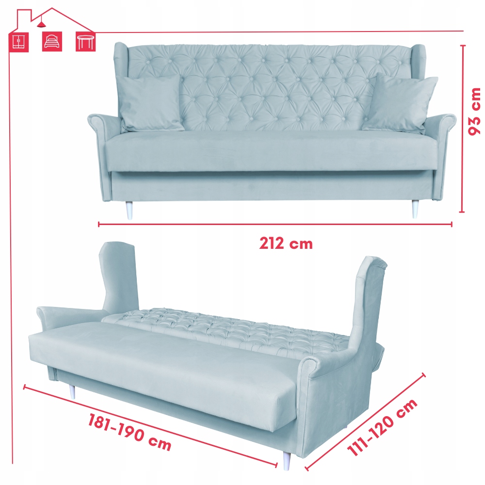 Sofa niebieska błękitna 3 osobowa WERSALKA welurowa uszak GAJA