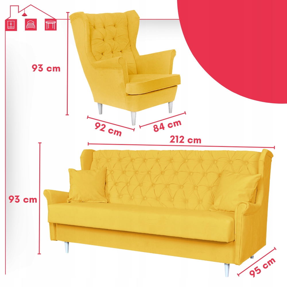Rozkładany zestaw wypoczynkowy z wersalką fotele uszaki ŻÓŁTY