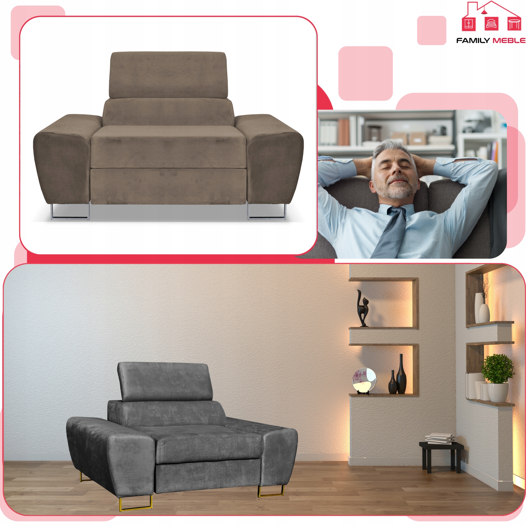 Fotel wypoczynkowy Bosso salon Family meble brązowy welur reg zagłówek