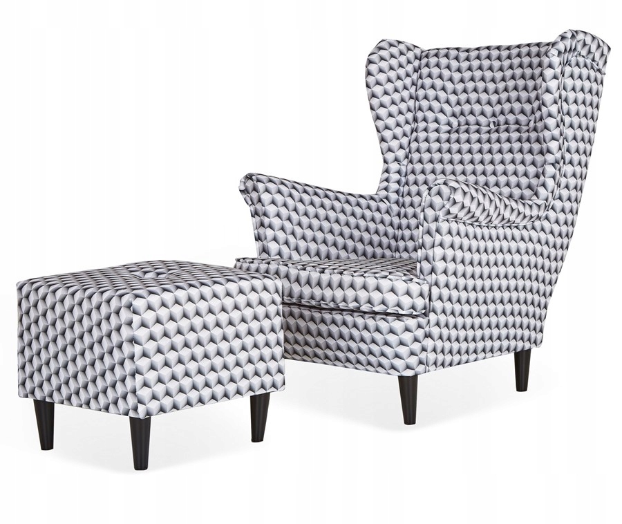 Fotel uszak ARI PRINT z podnóżkiem skandynawski  patchwork