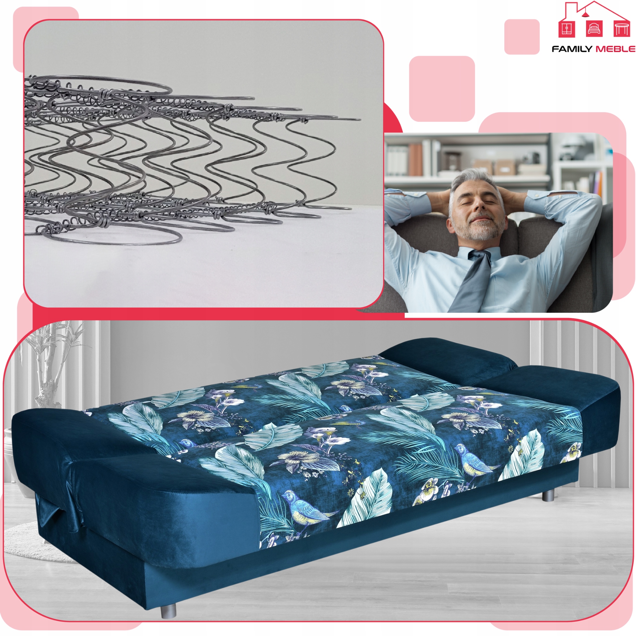 Kanapa sofa Sara Print Duo rozkładana wersalka spania bonell łóżko