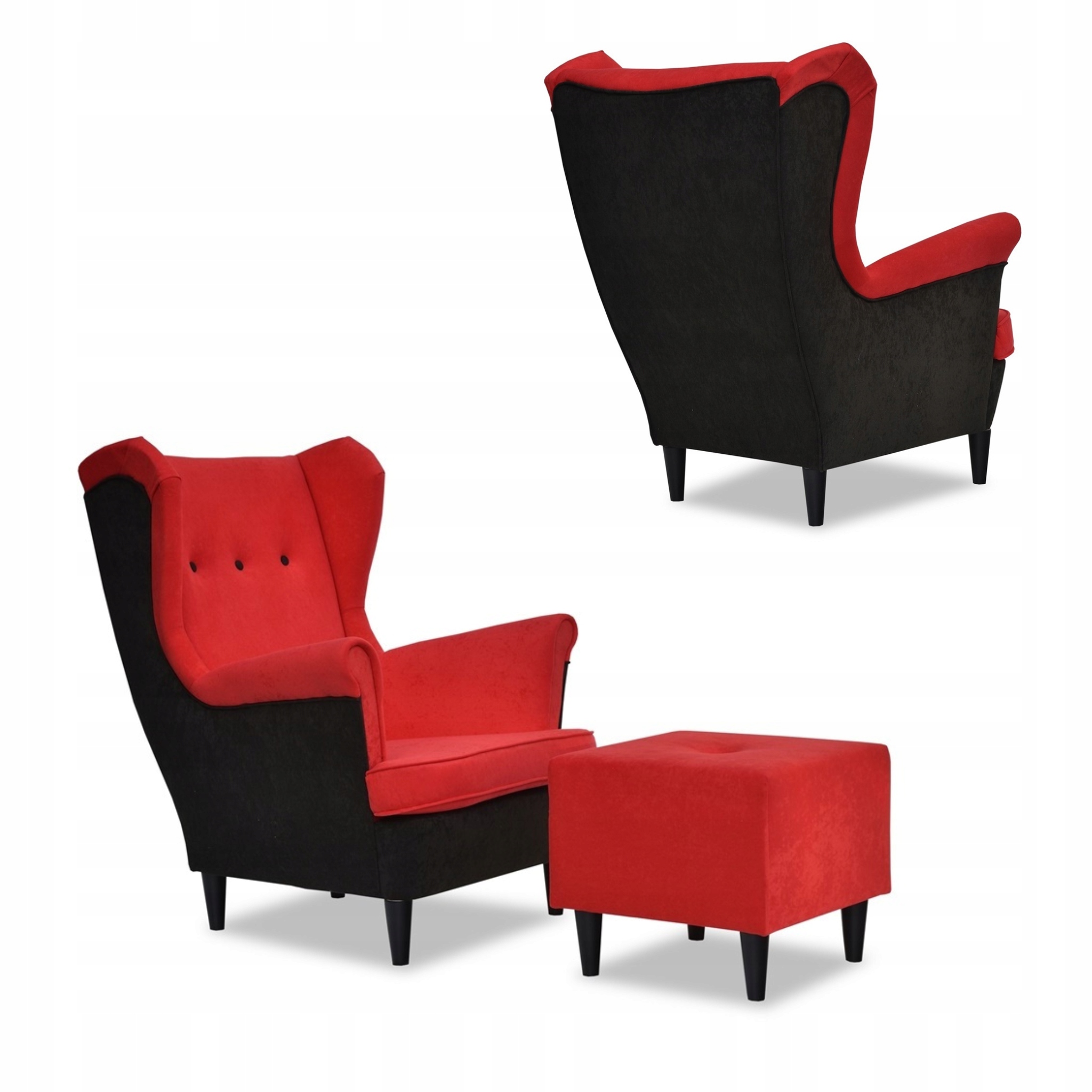 Zestaw wypoczynkowy ARI DUO sofa fotele pufy czarno - czerwony