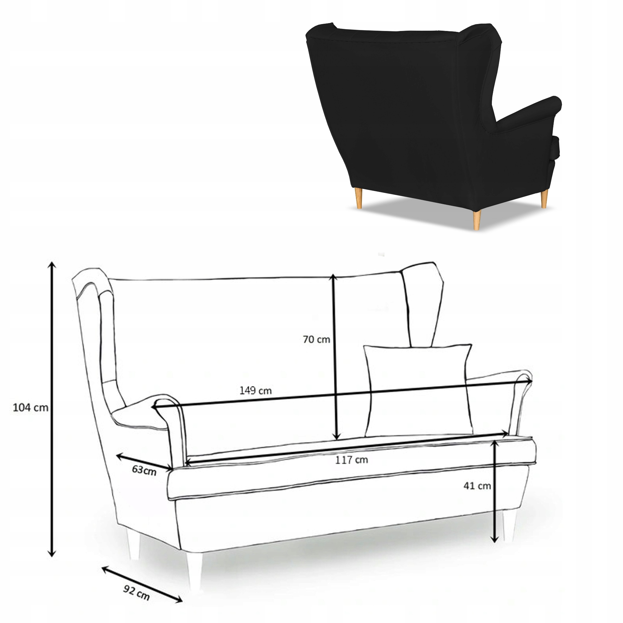 Sofa kanapa uszak Gaja ekoskóra skandynawska czarna