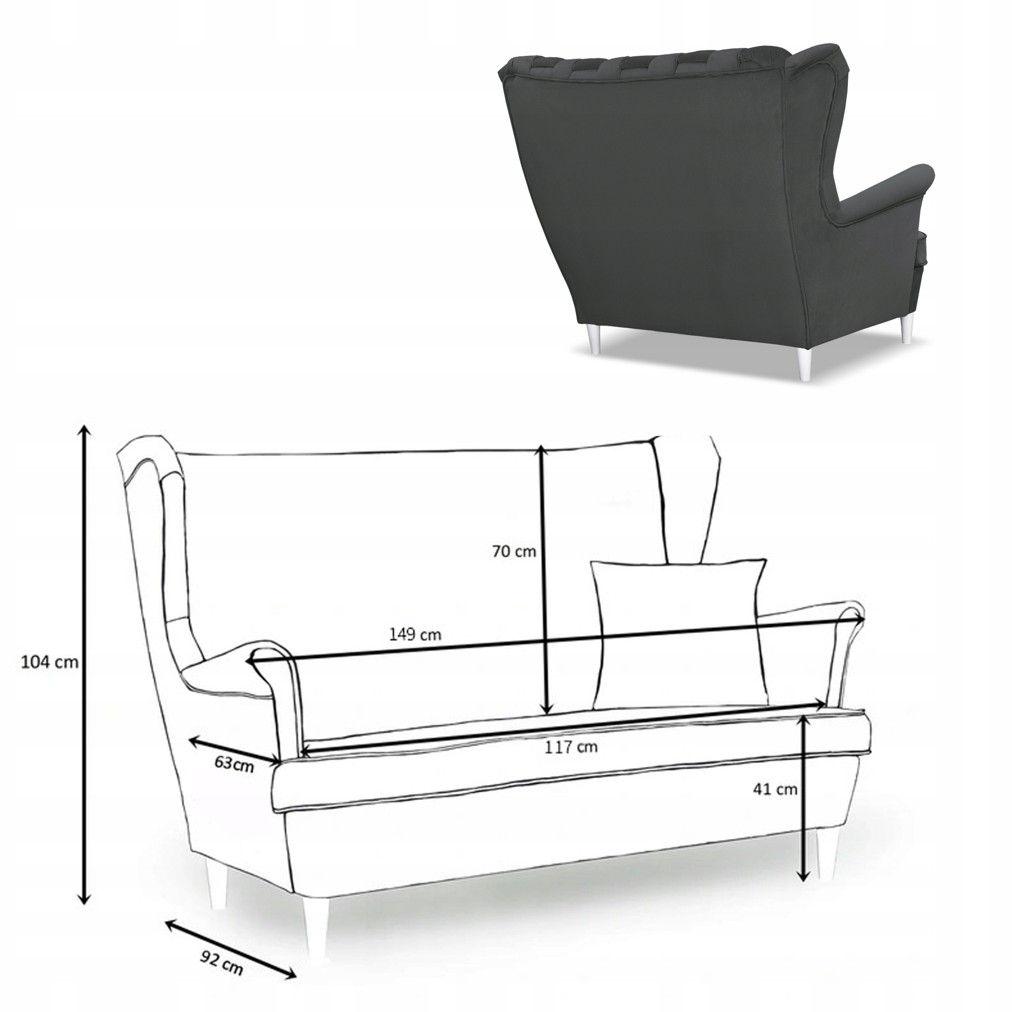 Sofa uszak Carol grafit skandynawska kanapa 2-os. sprężynach