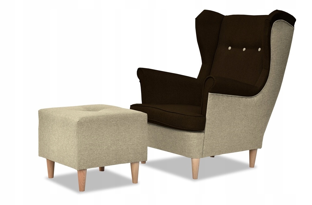 Fotel uszak ARI z podnóżkiem skandynawski beżowo brązowy