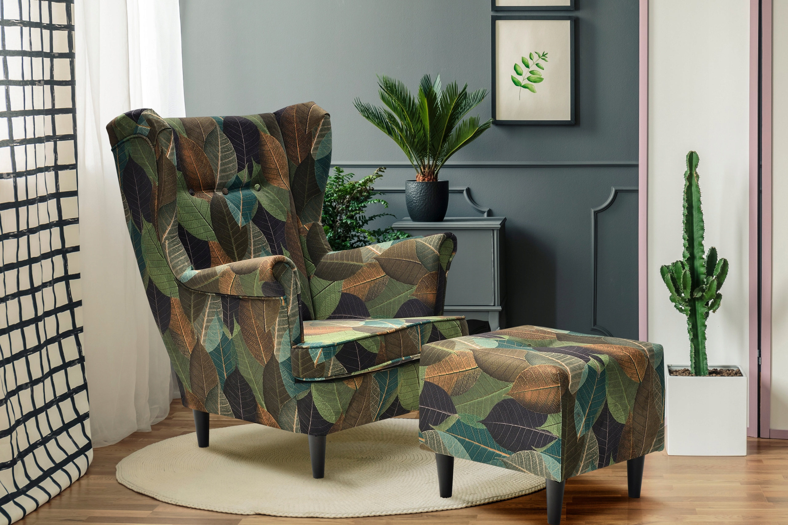 Fotel uszak ARI PRINT z podnóżkiem skandynawski  tiger