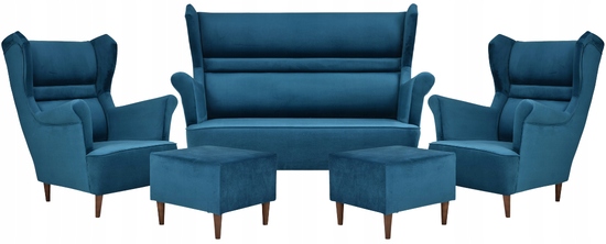 Zestaw wypoczynkowy mebli uszak Zoja sofa fotele pufy komplet nowy