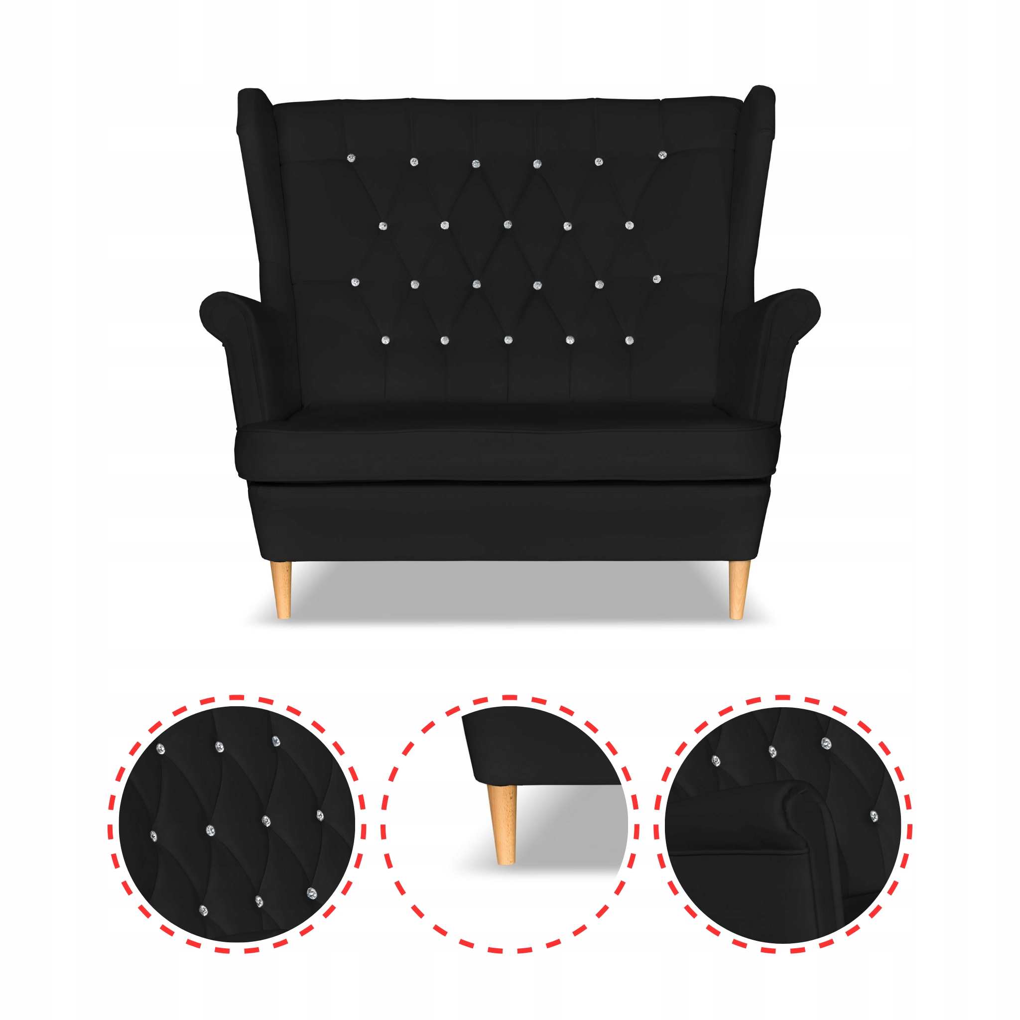 Zestaw uszak Gaja ekoskóra skaj sofa fotele pufy czarny