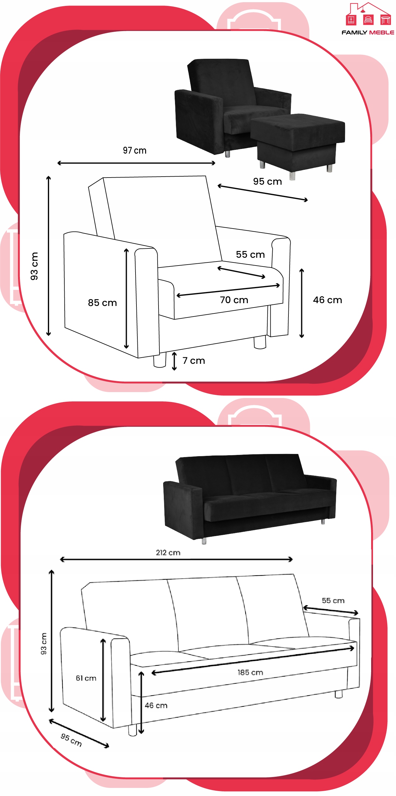 Zestaw mebli wypoczynkowy Alicja wersalka kanapa fotele pufy