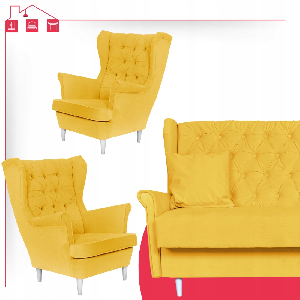Rozkładany zestaw wypoczynkowy z wersalką fotele uszaki ŻÓŁTY