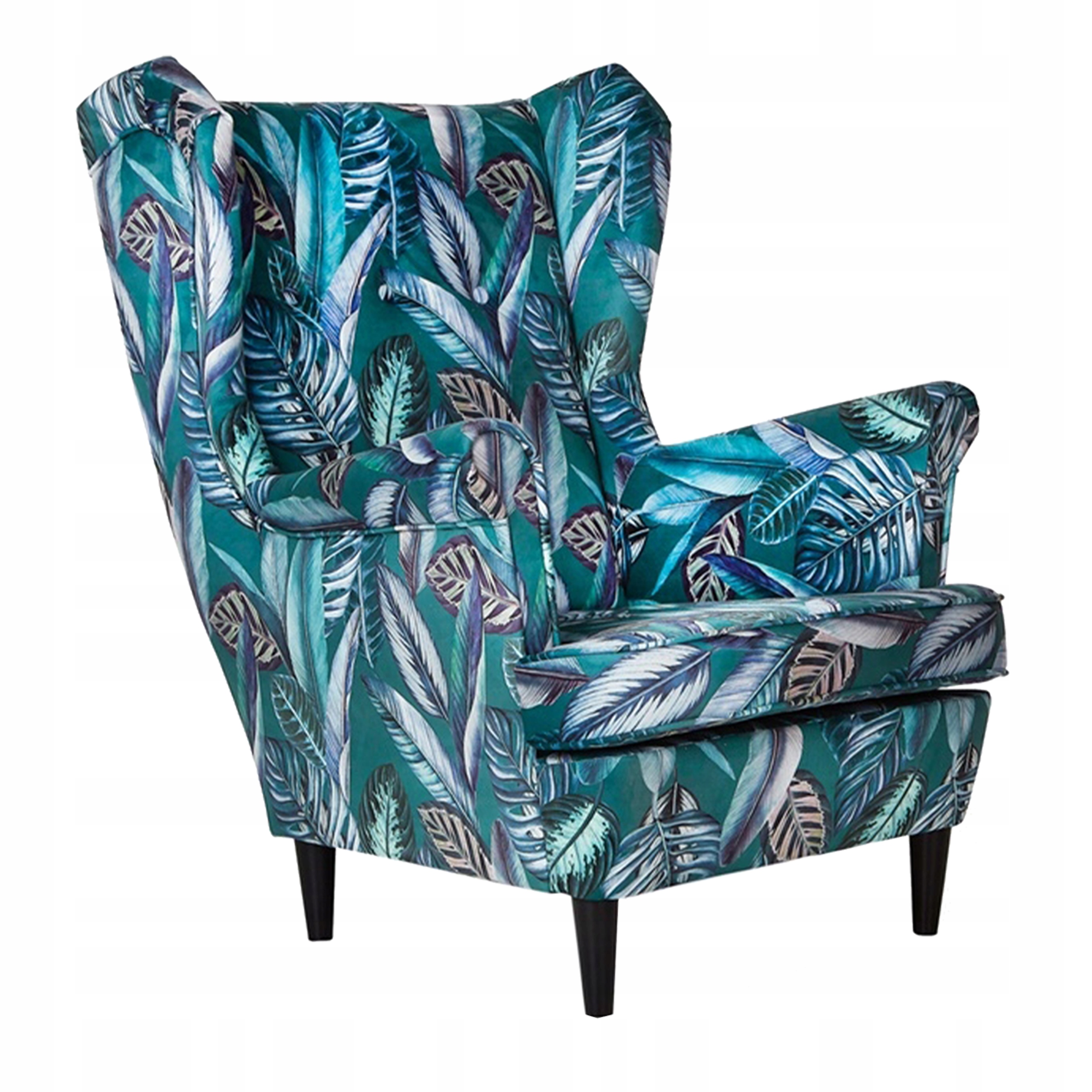 Fotel uszak ARI PRINT skandynawski  liście pióra zielone