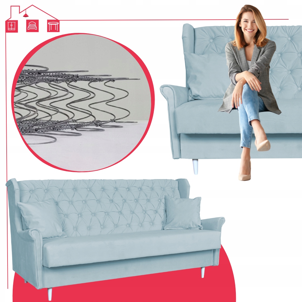 Sofa niebieska błękitna 3 osobowa WERSALKA welurowa uszak GAJA