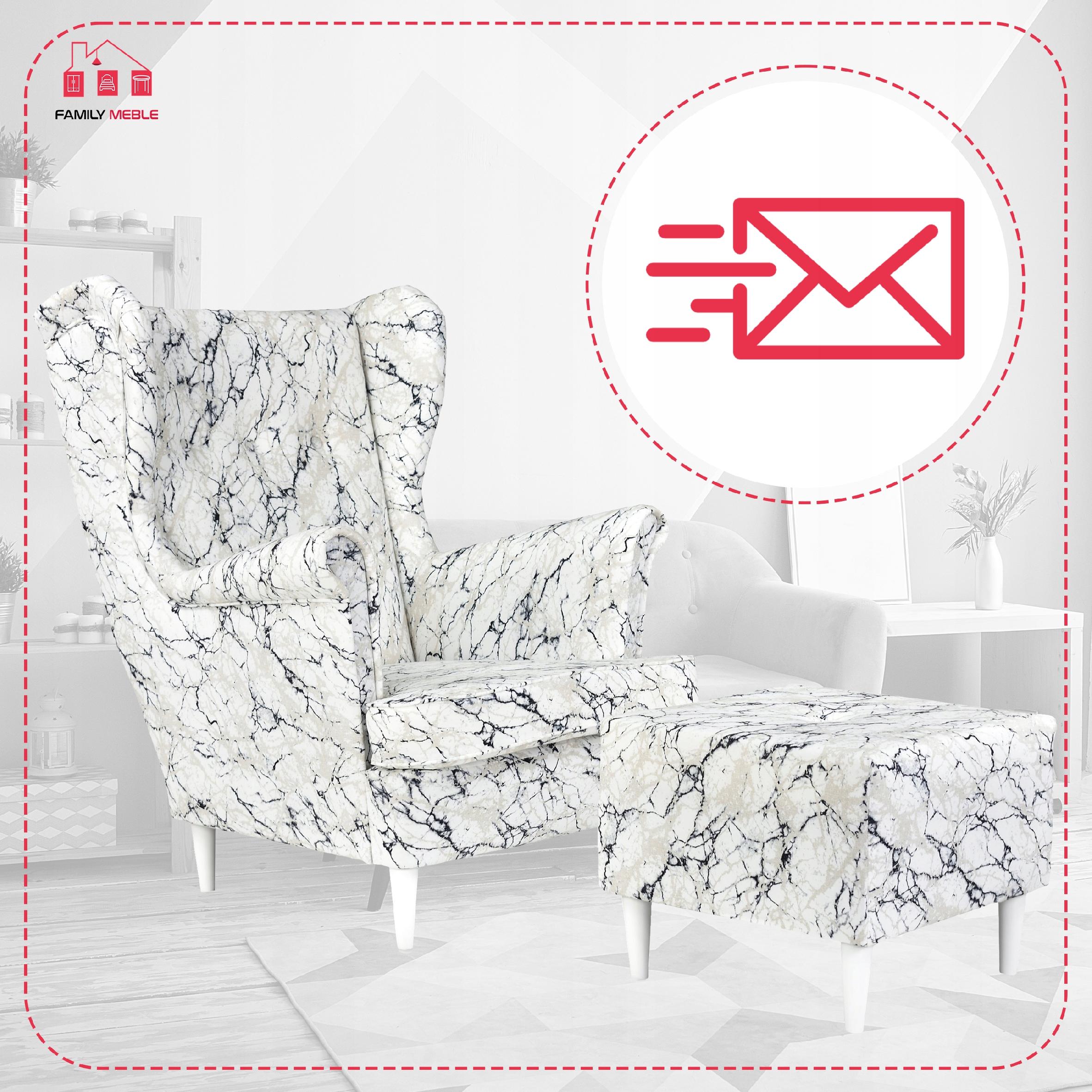 Fotel uszak ARI PRINT z podnóżkiem, skandynawski  marmurek