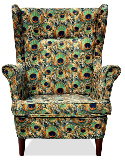 Fotel uszak ARI PRINT z podnóżkiem skandynawski pawie oko