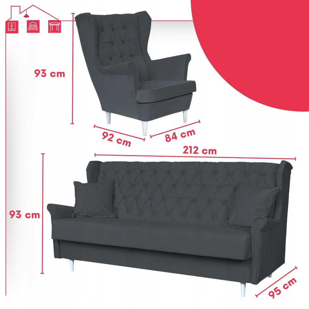 Zestaw wypoczynkowy skandynawski wersalka z fotelami SZARY