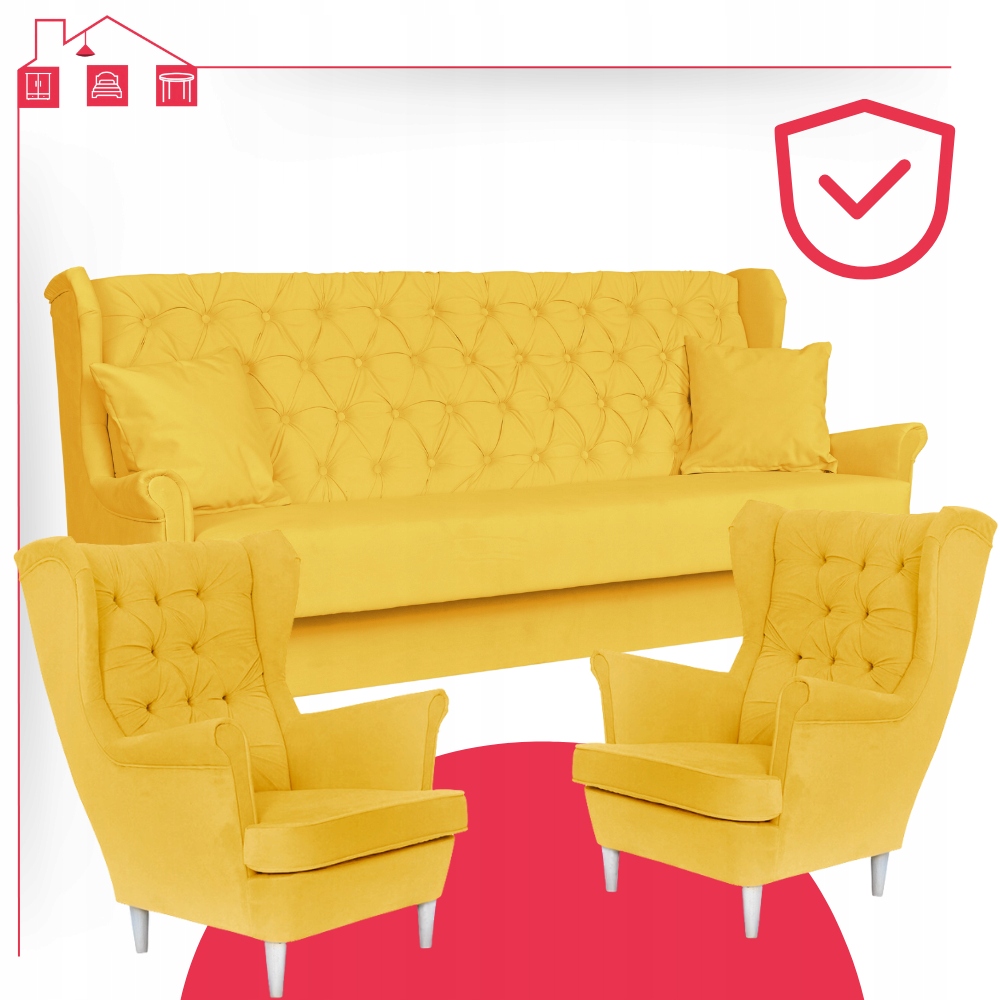 Rozkładany zestaw wypoczynkowy z wersalką fotele uszaki ŻÓŁTY