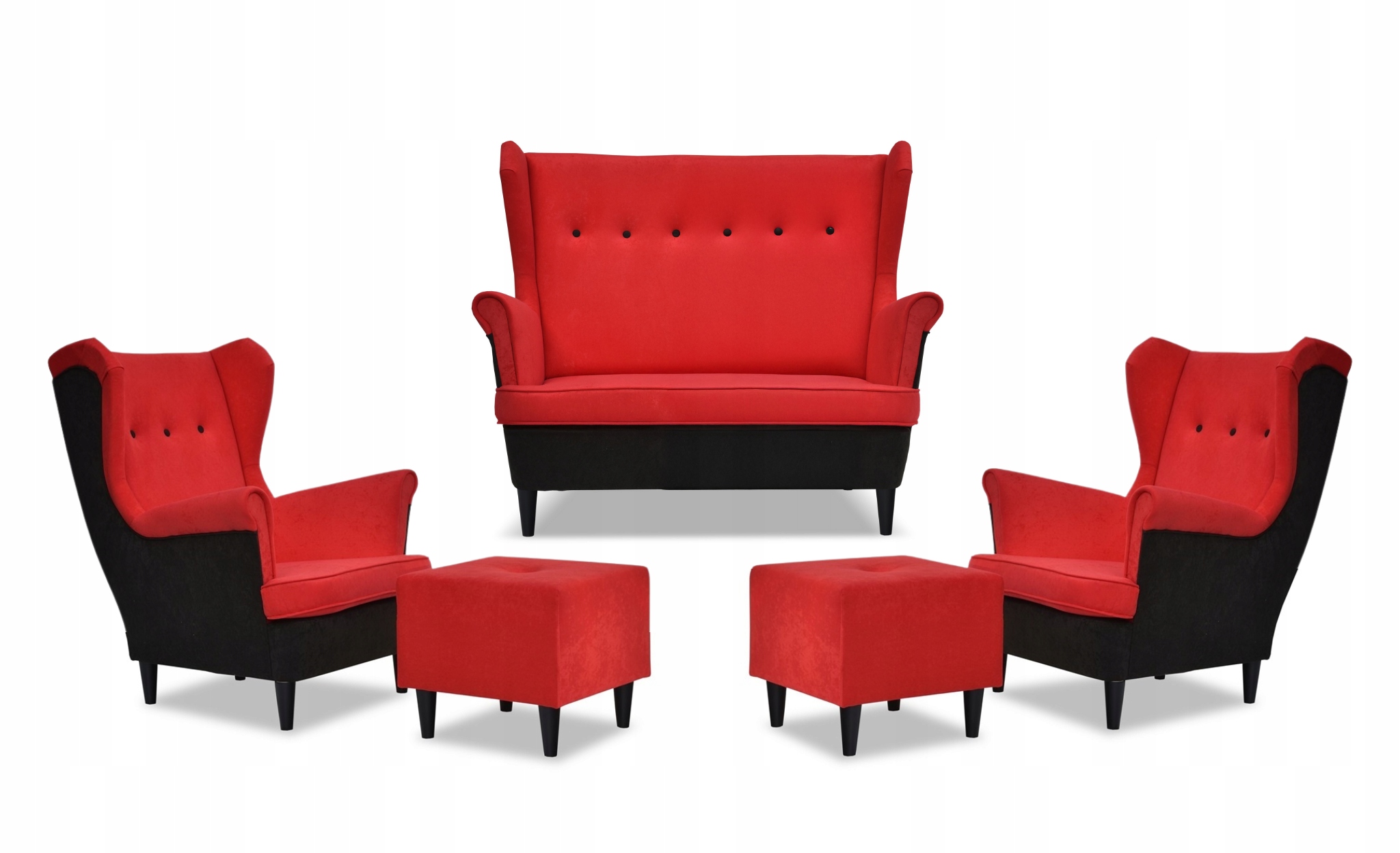 Zestaw wypoczynkowy ARI DUO sofa fotele pufy czarno - czerwony