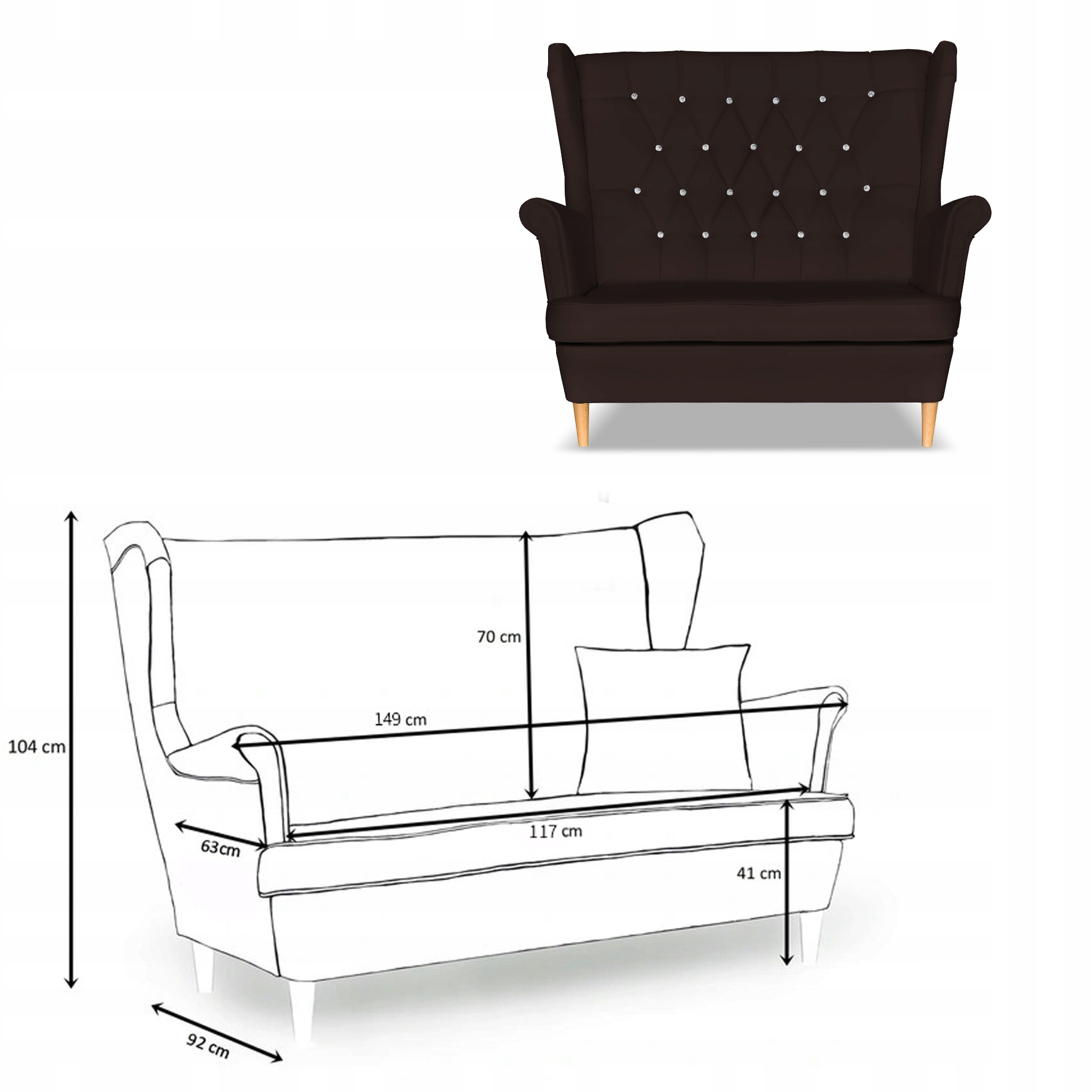 Zestaw uszak Gaja ekoskóra skaj sofa fotele ciemny brąz